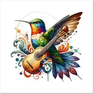 Ornate Hummingbird with string instrument Posters and Art